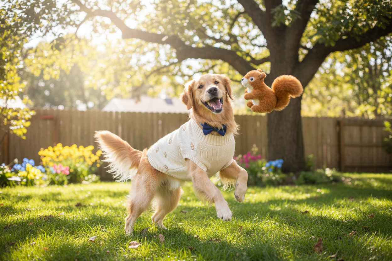 a dog wearing clothes and enjoying his toy
